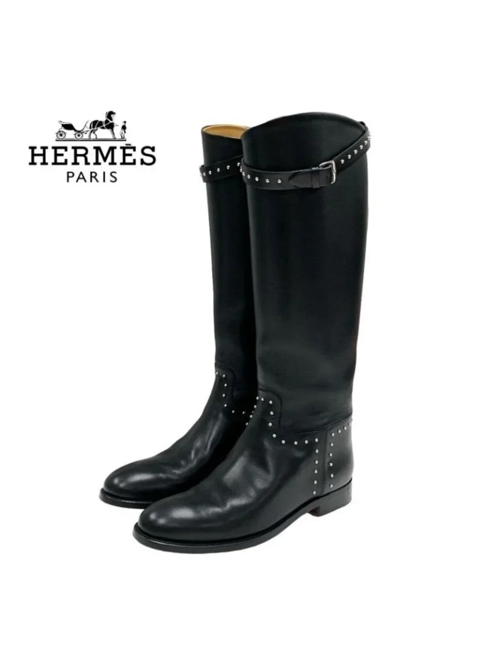 Hermes Jumping Boots Long Shoes Leather Black Silver Studs